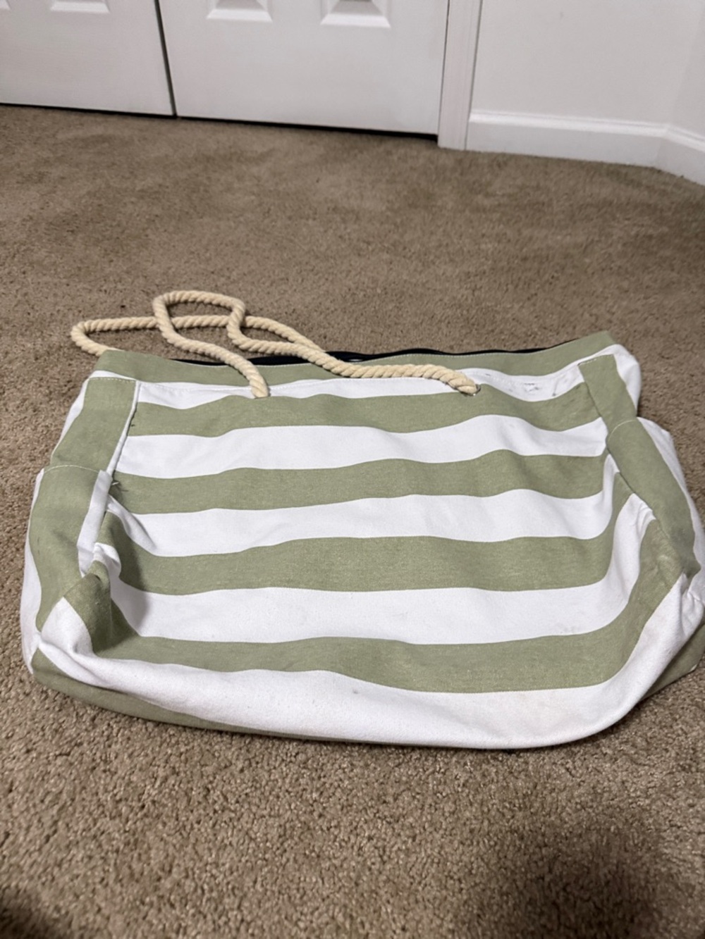 Striped Canvas Tote Bag in Sage Green and White